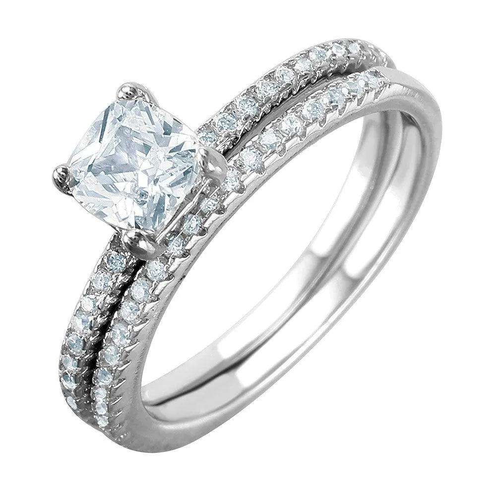 925 Sterling Silver Rhodium Plated Square Center CZ Bridal Ring