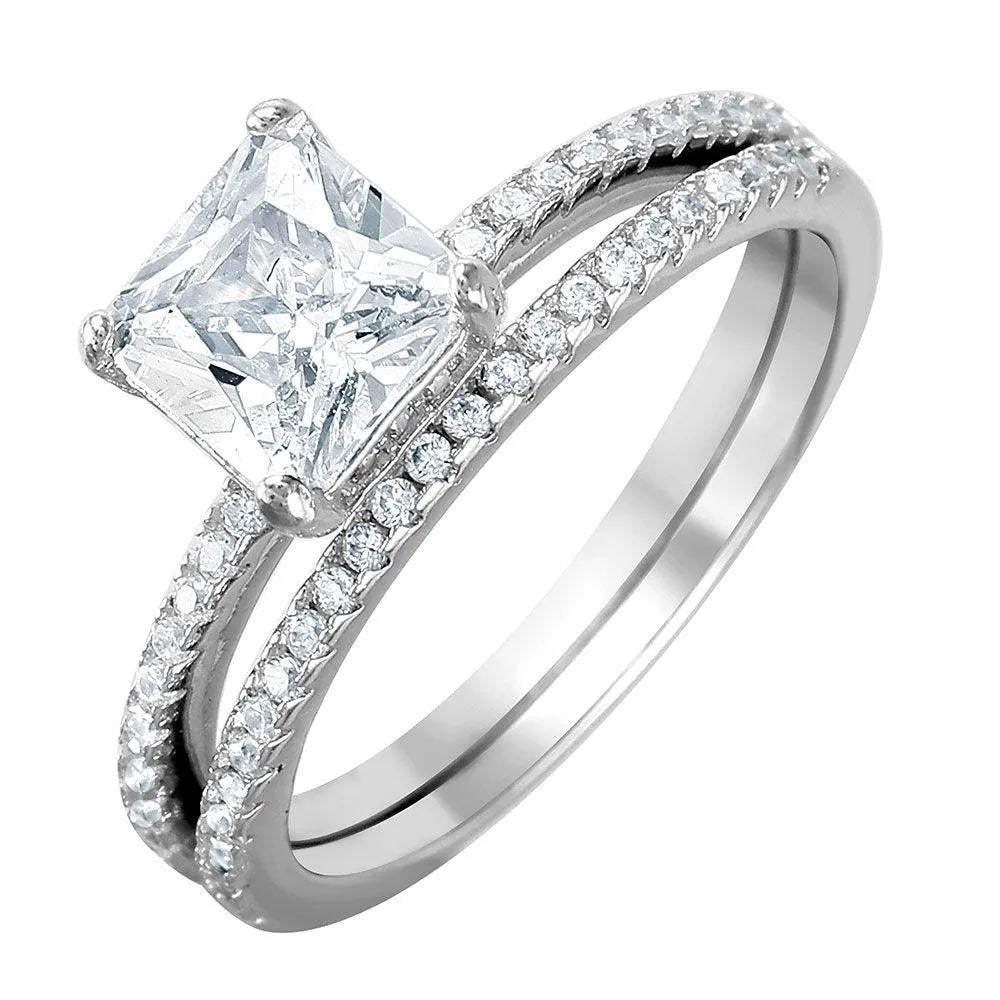 925 Sterling Silver Nickel Free Rhodium Plated Square Center CZ Bridal Ring
