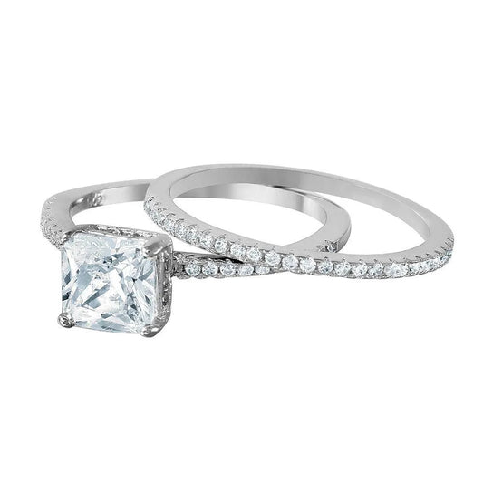 925 Sterling Silver Nickel Free Rhodium Plated Square Center CZ Bridal Ring