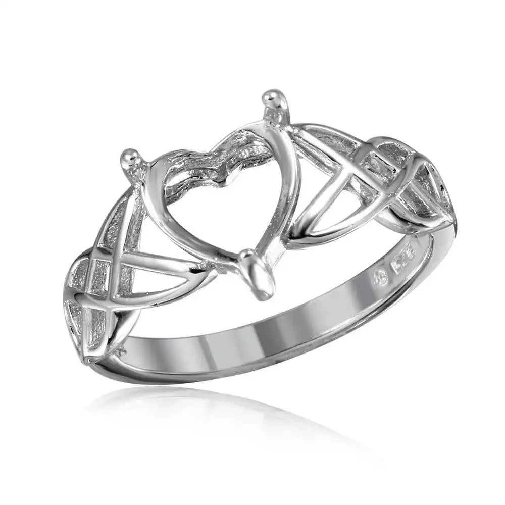 925 Sterling Silver Rhodium Plated Criss Cross Designed Shank Heart Mounting Ring