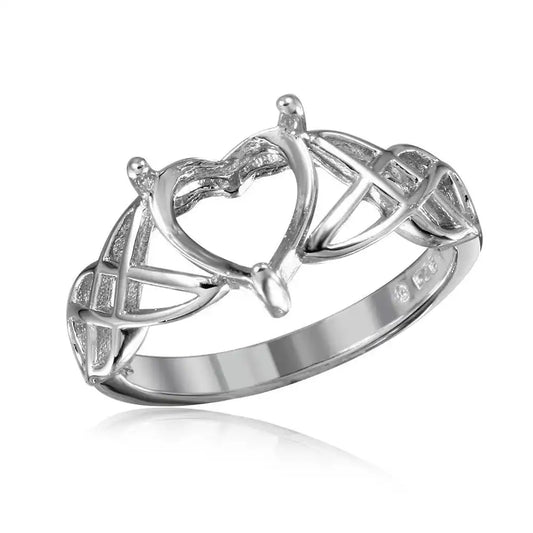925 Sterling Silver Rhodium Plated Criss Cross Designed Shank Heart Mounting Ring