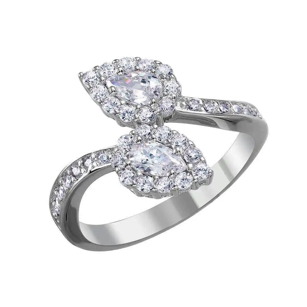 925 Sterling Silver Rhodium Plated Open End Teardrop CZ Ring
