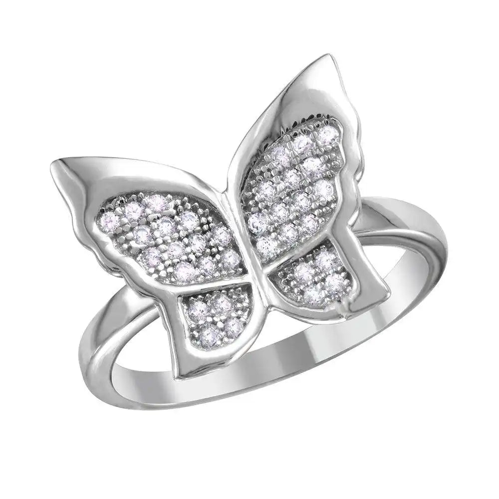 925 Sterling Silver Rhodium Plated Butterfly Ring with Micro Pave CZ Stones