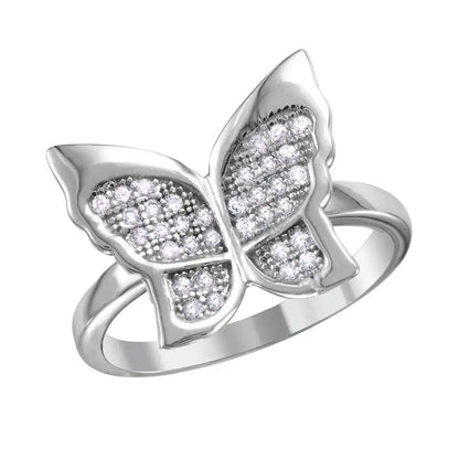 925 Sterling Silver Rhodium Plated Butterfly Ring with Micro Pave CZ Stones
