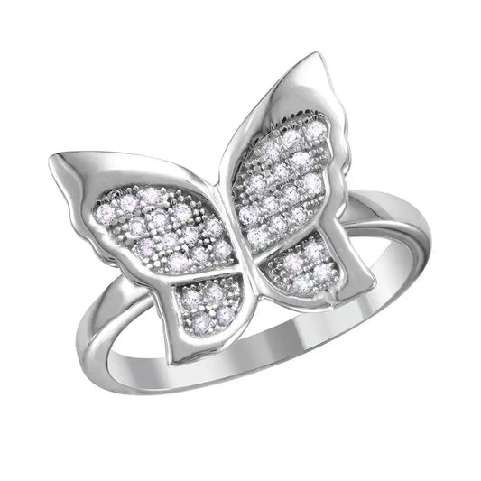 925 Sterling Silver Rhodium Plated Butterfly Ring with Micro Pave CZ Stones