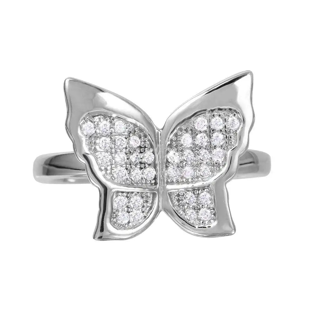 925 Sterling Silver Rhodium Plated Butterfly Ring with Micro Pave CZ Stones