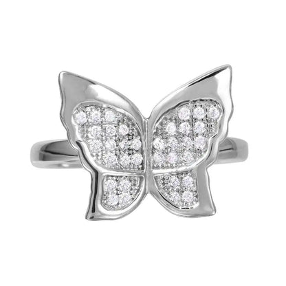 925 Sterling Silver Rhodium Plated Butterfly Ring with Micro Pave CZ Stones