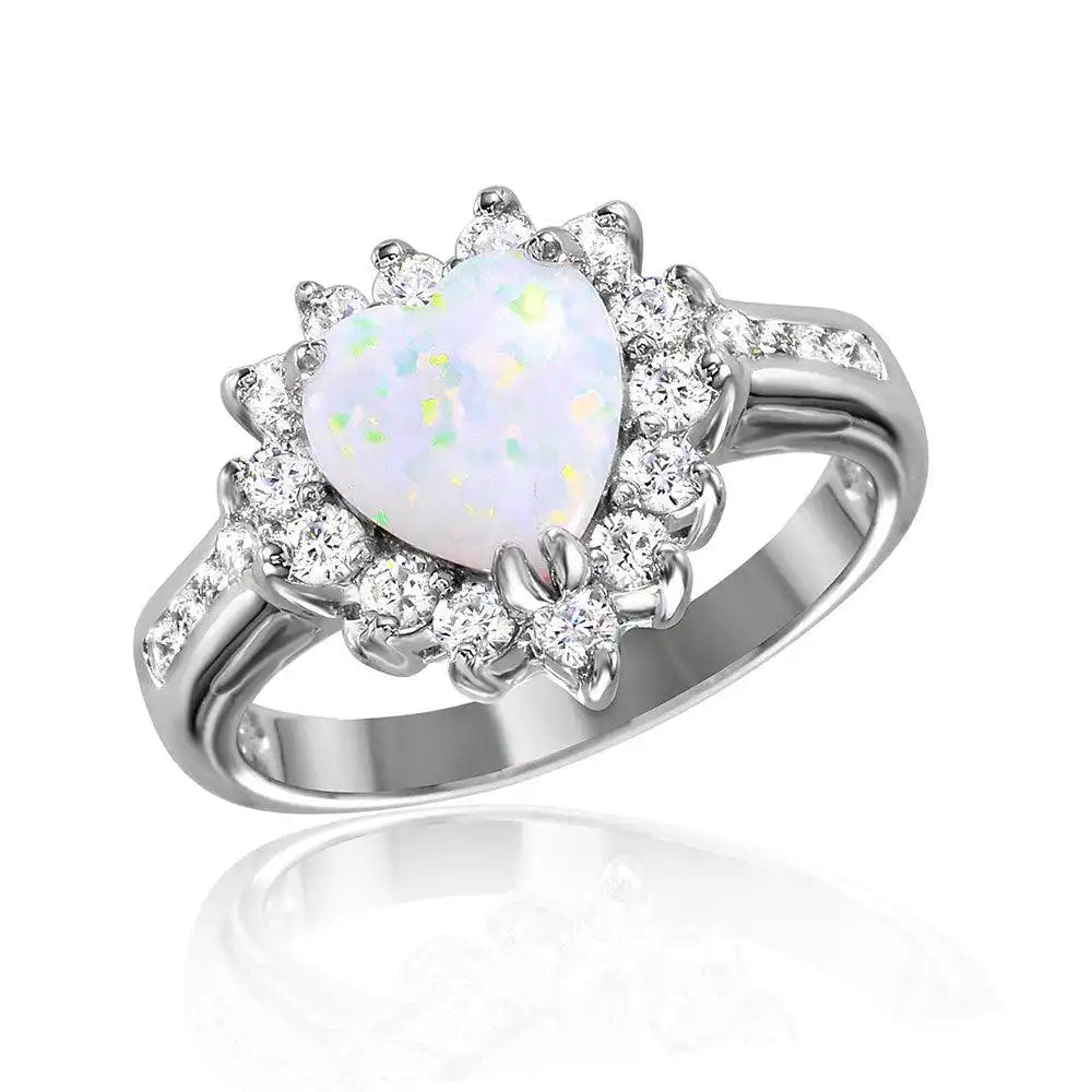 925 Sterling Silver Rhodium Plated Halo Heart with Synthetic Opal Center Stone Ring