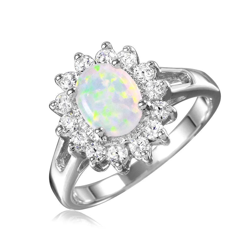 925 Sterling Silver Rhodium Plated Oval Halo Ring with Synthetic Opal Center Stone