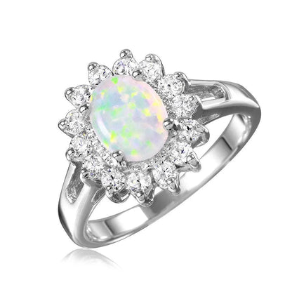 925 Sterling Silver Rhodium Plated Oval Halo Ring with Synthetic Opal Center Stone