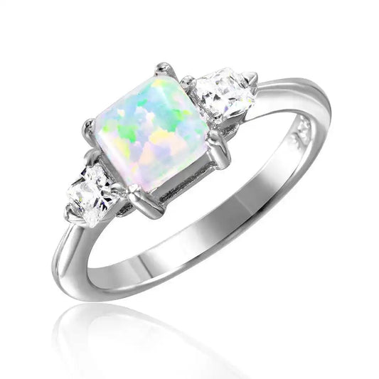 925 Sterling Silver Rhodium Plated 6mm Synthetic Opal with 3mm CZ On Each Side