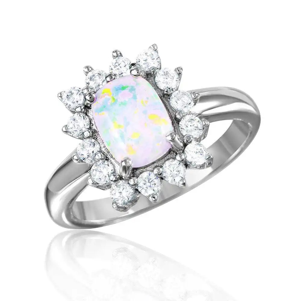 925 Sterling Silver Rhodium Plated Rectangle Halo Ring with Synthetic Opal Center