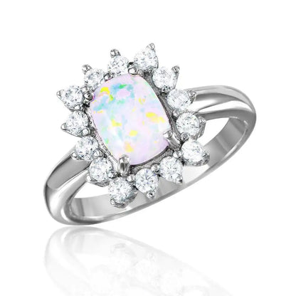925 Sterling Silver Rhodium Plated Rectangle Halo Ring with Synthetic Opal Center