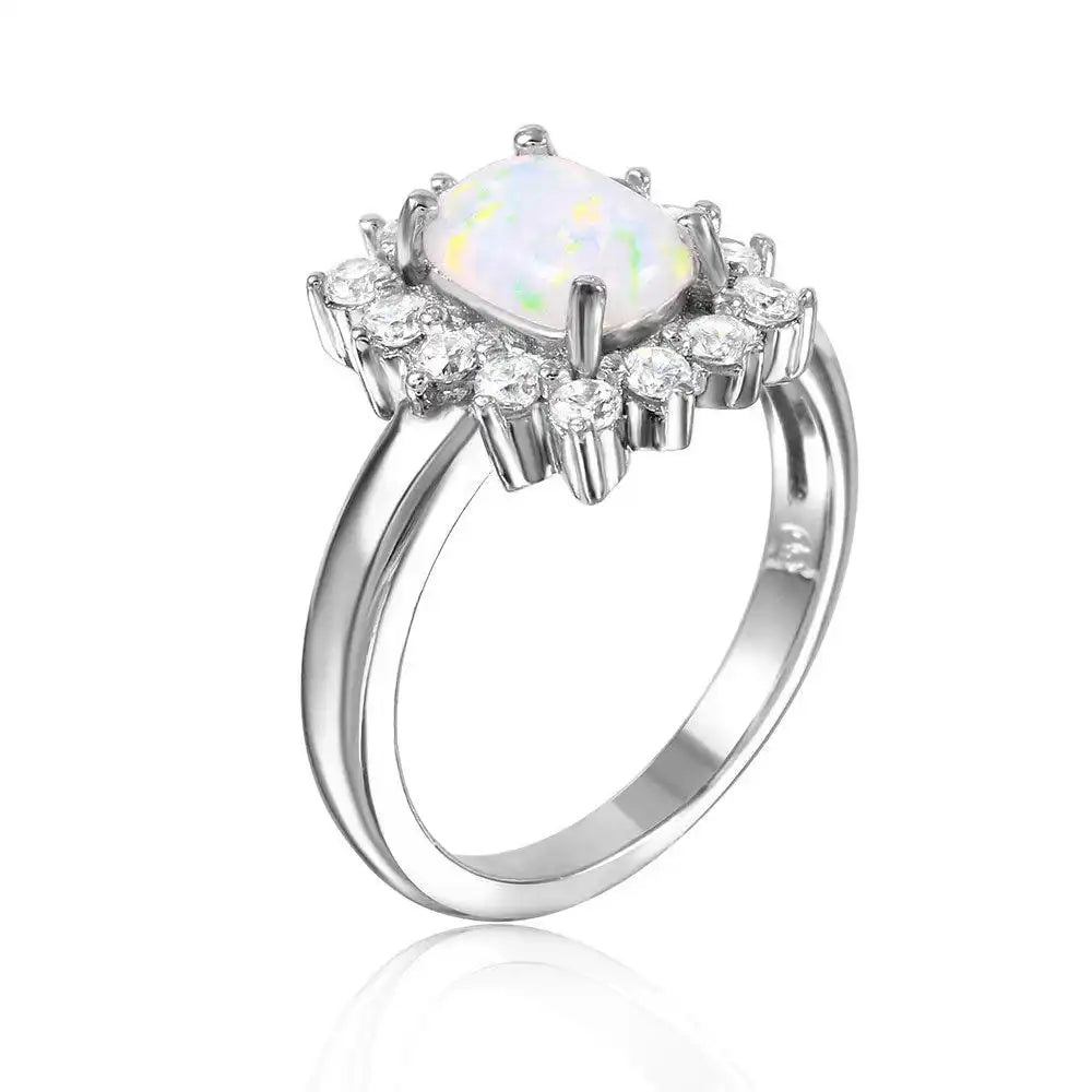 925 Sterling Silver Rhodium Plated Rectangle Halo Ring with Synthetic Opal Center