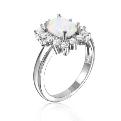 925 Sterling Silver Rhodium Plated Rectangle Halo Ring with Synthetic Opal Center