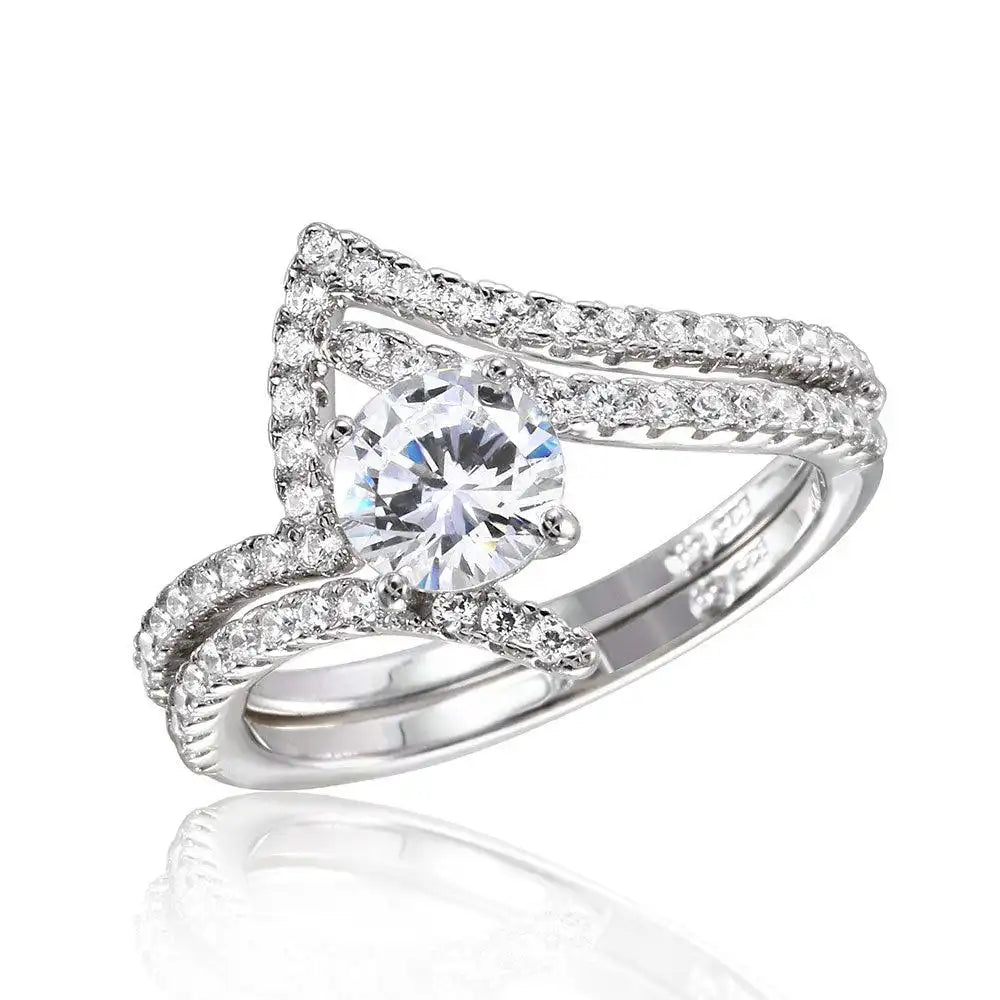 925 Sterling Silver Rhodium Plated 2 Pcs Wedding Ring with 6MM Center CZ
