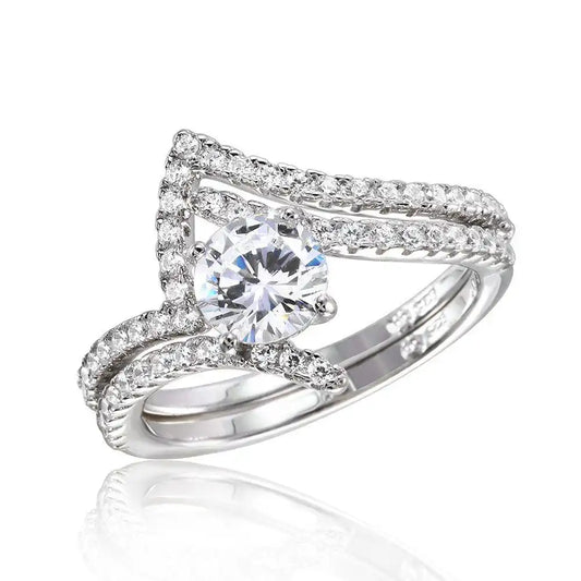 925 Sterling Silver Rhodium Plated 2 Pcs Wedding Ring with 6MM Center CZ