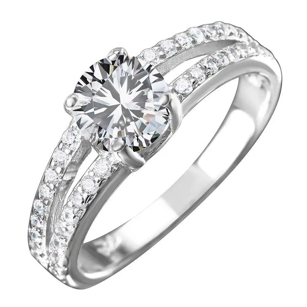 925 Sterling Silver Rhodium Plated Split shank CZ Center Stone Ring