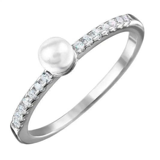 925 Sterling Silver Rhodium Plated Synthetic Center Pearl Ring with Cubic Zirconia Stones