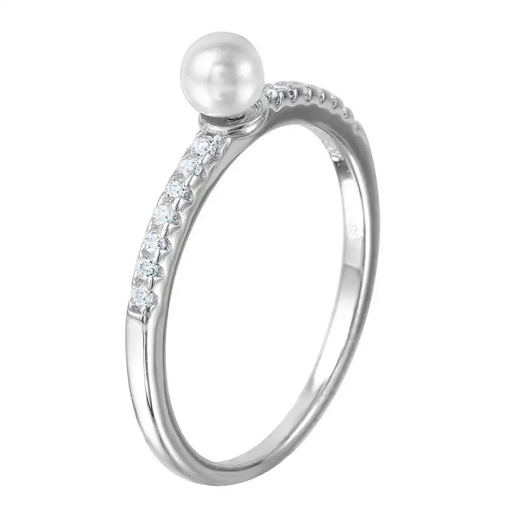 925 Sterling Silver Rhodium Plated Synthetic Center Pearl Ring with Cubic Zirconia Stones