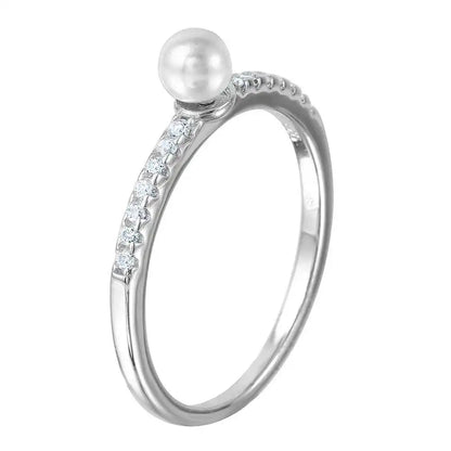 925 Sterling Silver Rhodium Plated Synthetic Center Pearl Ring with Cubic Zirconia Stones