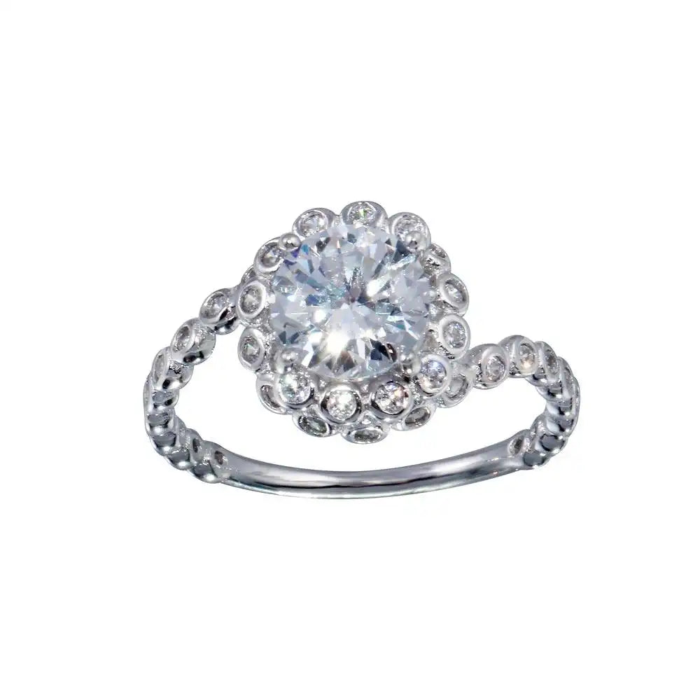925 Sterling Silver Rhodium Plated Bubble Shank Round Center CZ Ring