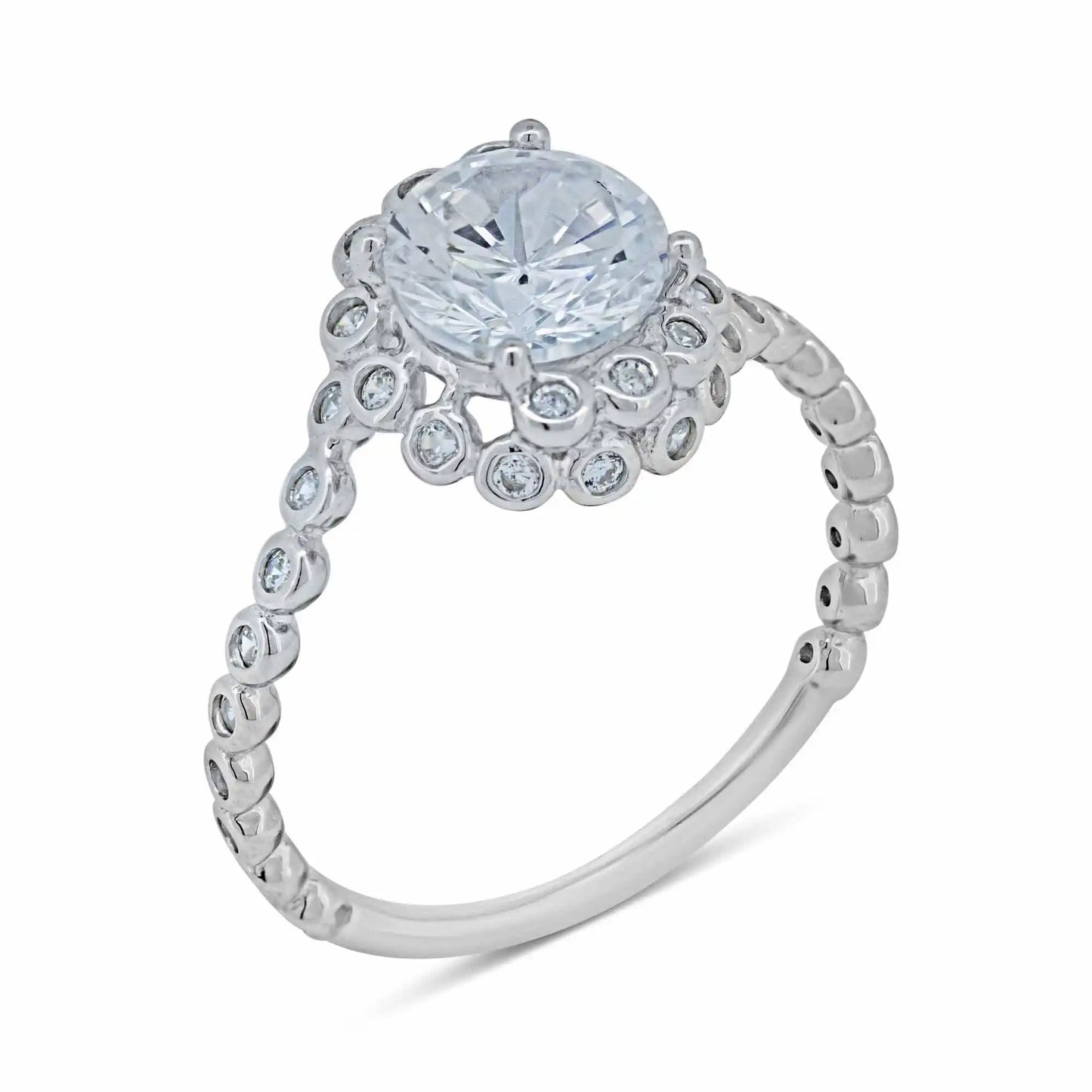 925 Sterling Silver Rhodium Plated Bubble Shank Round Center CZ Ring