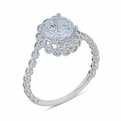 925 Sterling Silver Rhodium Plated Bubble Shank Round Center CZ Ring