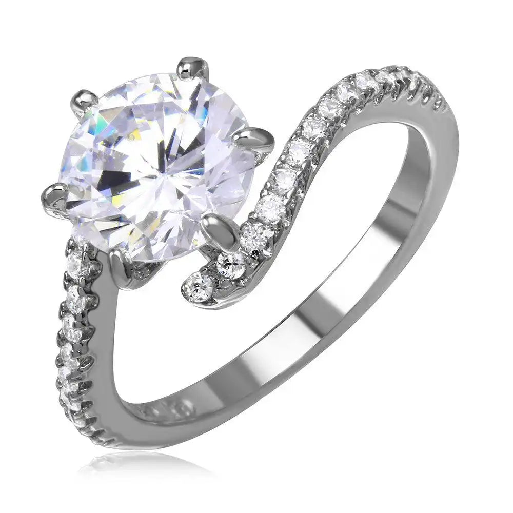 925 Sterling Silver Rhodium Plated CZ Center Round Ring with Parallel Cubic Zirconia Stones