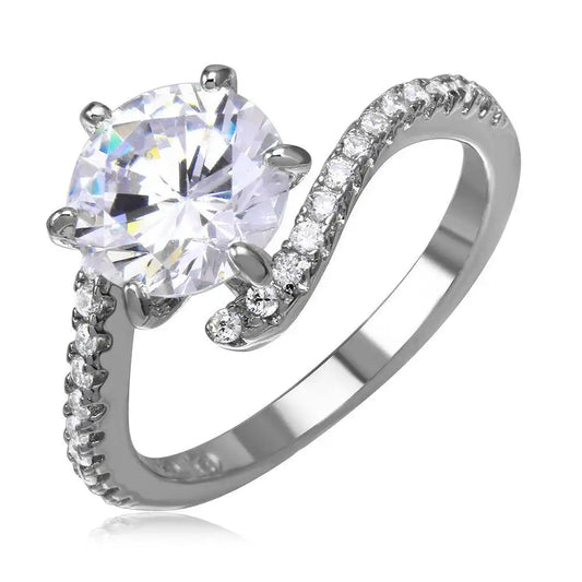 925 Sterling Silver Rhodium Plated CZ Center Round Ring with Parallel Cubic Zirconia Stones