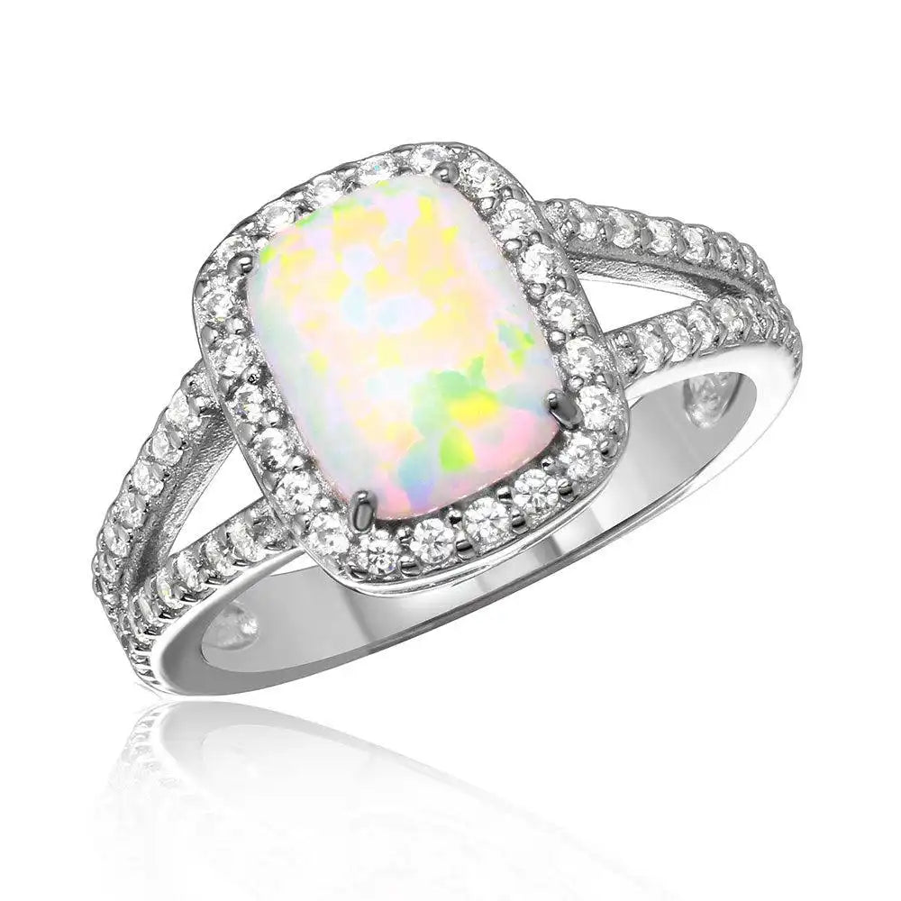 925 Sterling Silver Rhodium Plated Halo Ring with Synthetic Baguette Opal and CZ