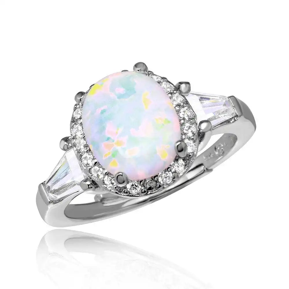 925 Sterling Silver Rhodium Plated Halo Ring with Synthetic Oval Opal and CZ