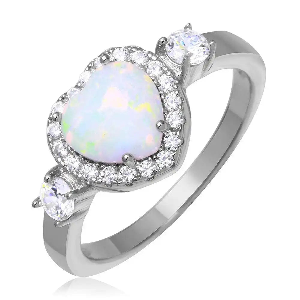 925 Sterling Silver Rhodium Plated Halo Heart Ring with Synthetic Opal and CZ