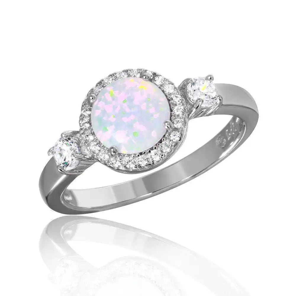925 Sterling Silver Rhodium Plated Halo Ring with Synthetic Opal and CZ