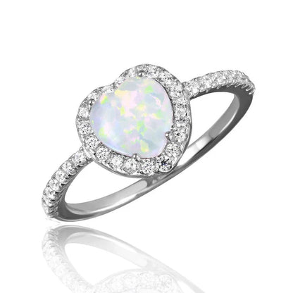 925 Sterling Silver Rhodium Plated Halo Heart Ring with Synthetic Opal and CZ