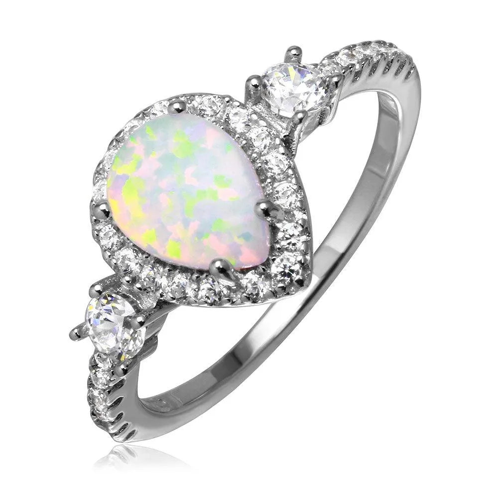 925 Sterling Silver Rhodium Plated Halo Pear Ring with Synthetic Opal and CZ