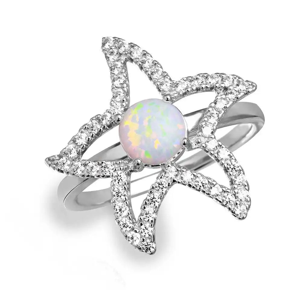 925 Sterling Silver Rhodium Plated Open Starfish Ring with Synthetic Opal and CZ