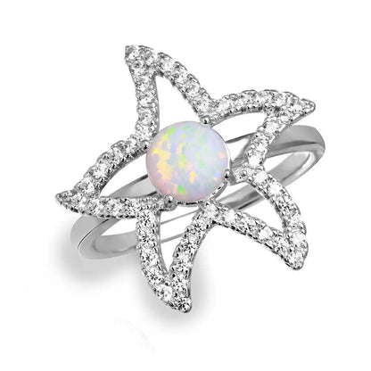 925 Sterling Silver Rhodium Plated Open Starfish Ring with Synthetic Opal and CZ