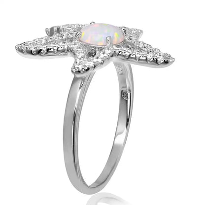 925 Sterling Silver Rhodium Plated Open Starfish Ring with Synthetic Opal and CZ