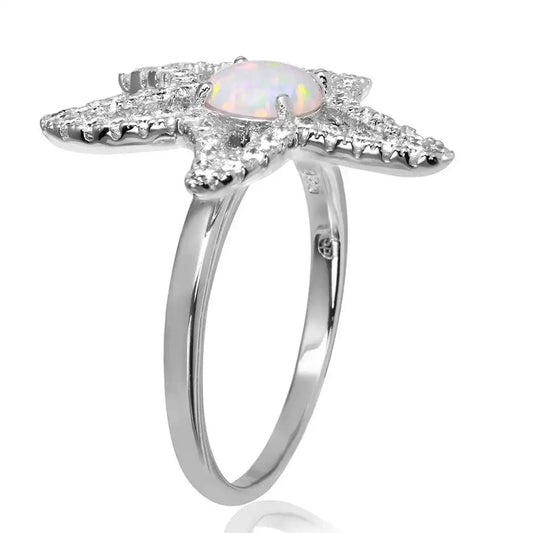 925 Sterling Silver Rhodium Plated Open Starfish Ring with Synthetic Opal and CZ