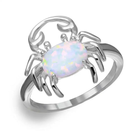 925 Sterling Silver Rhodium Plated Crab Design Ring with Synthetic Opal and CZ