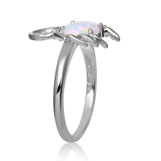 925 Sterling Silver Rhodium Plated Crab Design Ring with Synthetic Opal and CZ