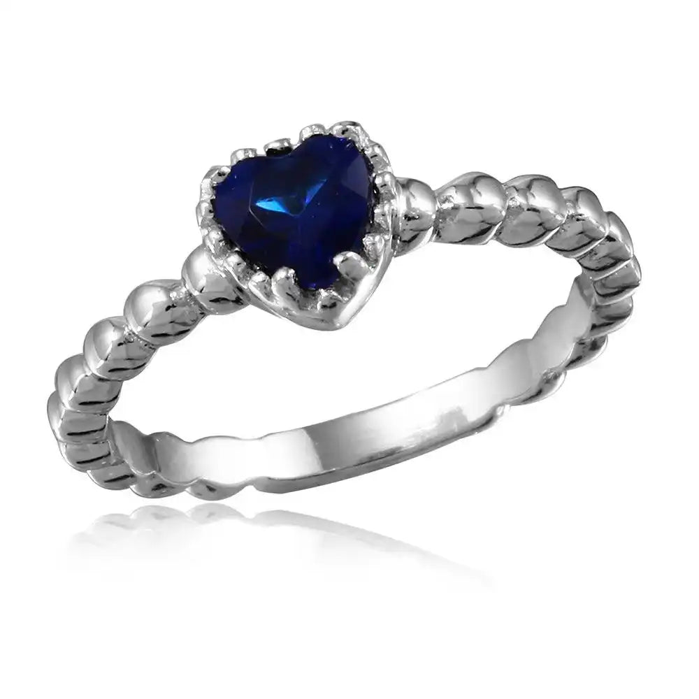 925 Sterling Silver Rhodium Plated Beaded Band Blue Heart Center Stone Ring