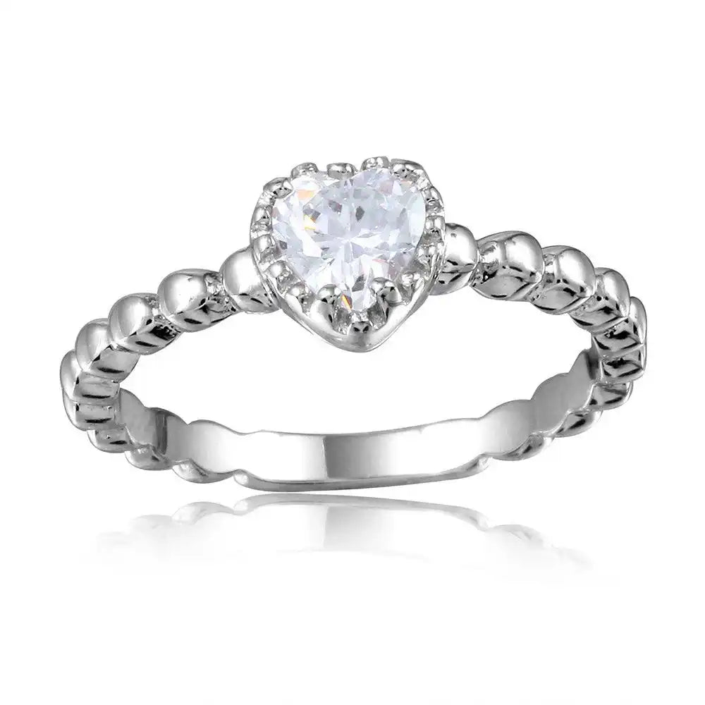 925 Sterling Silver Rhodium Plated Beaded Band Clear Heart Center Stone Ring