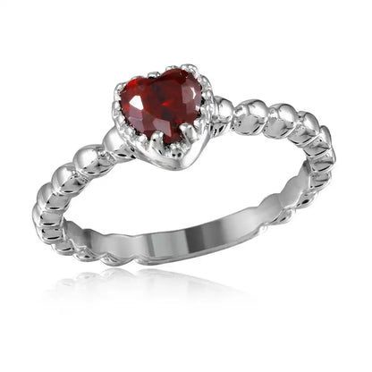 925 Sterling Silver Rhodium Plated Beaded Band Red Heart Center Stone Ring