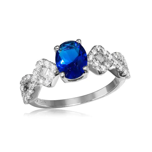 925 Sterling Silver Rhodium Plated Sapphire Center Stone Ring with CZ Shank