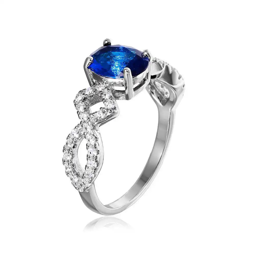 925 Sterling Silver Rhodium Plated Sapphire Center Stone Ring with CZ Shank