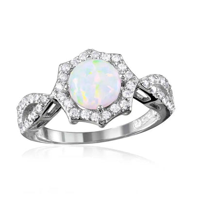 925 Sterling Silver Rhodium Plated Synthetic Opal Halo CZ Ring