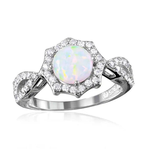 925 Sterling Silver Rhodium Plated Synthetic Opal Halo CZ Ring