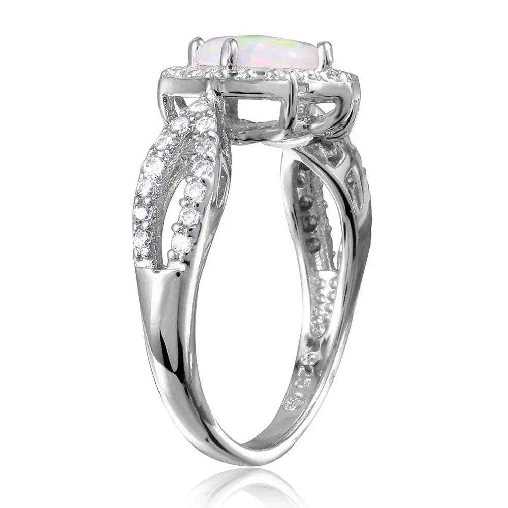 925 Sterling Silver Rhodium Plated Synthetic Opal Halo CZ Ring